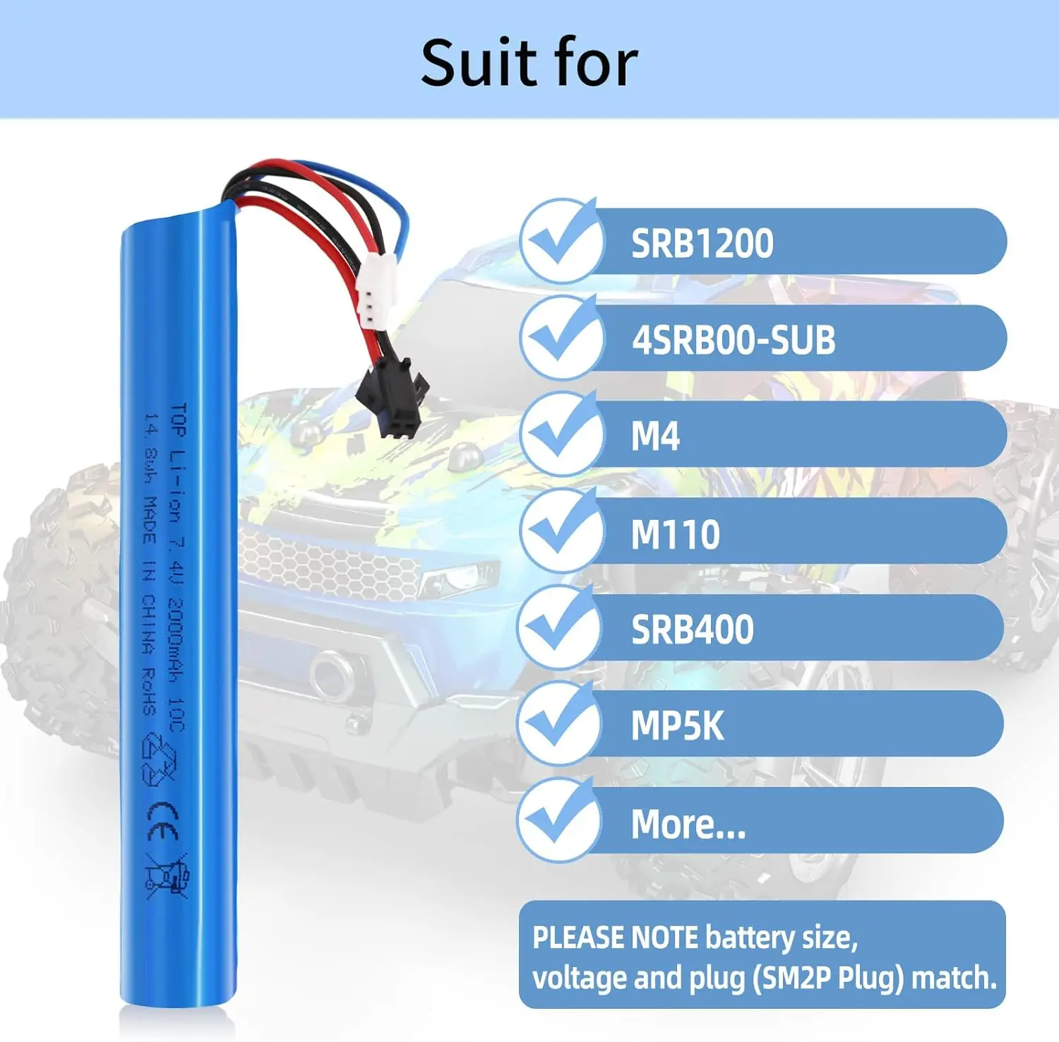 7.4V 2000mAh bateria LiPo wtyczka SM-2P + ładowarka do rozpryskiwania zabawkowa piłka SRB1200 400 SRB400-SUB MP5K M4 M110 żelowe airsofty