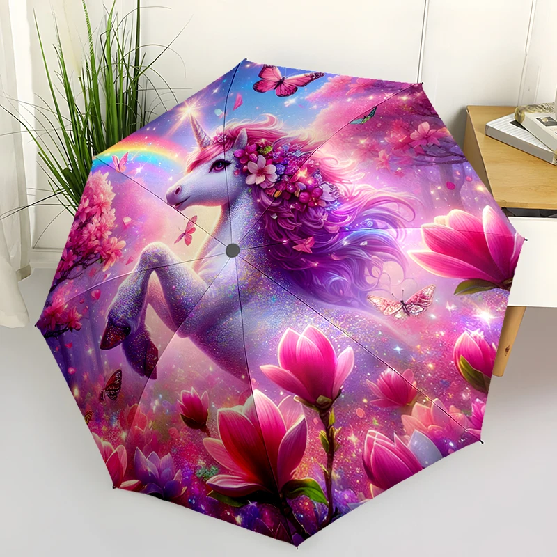 Fantasy Unicorn Folding Umbrella Fashion Auto-Open Design 8 Iron Ribs Plastic Handle Foldable Sunshade Perfect Christmas Gifts