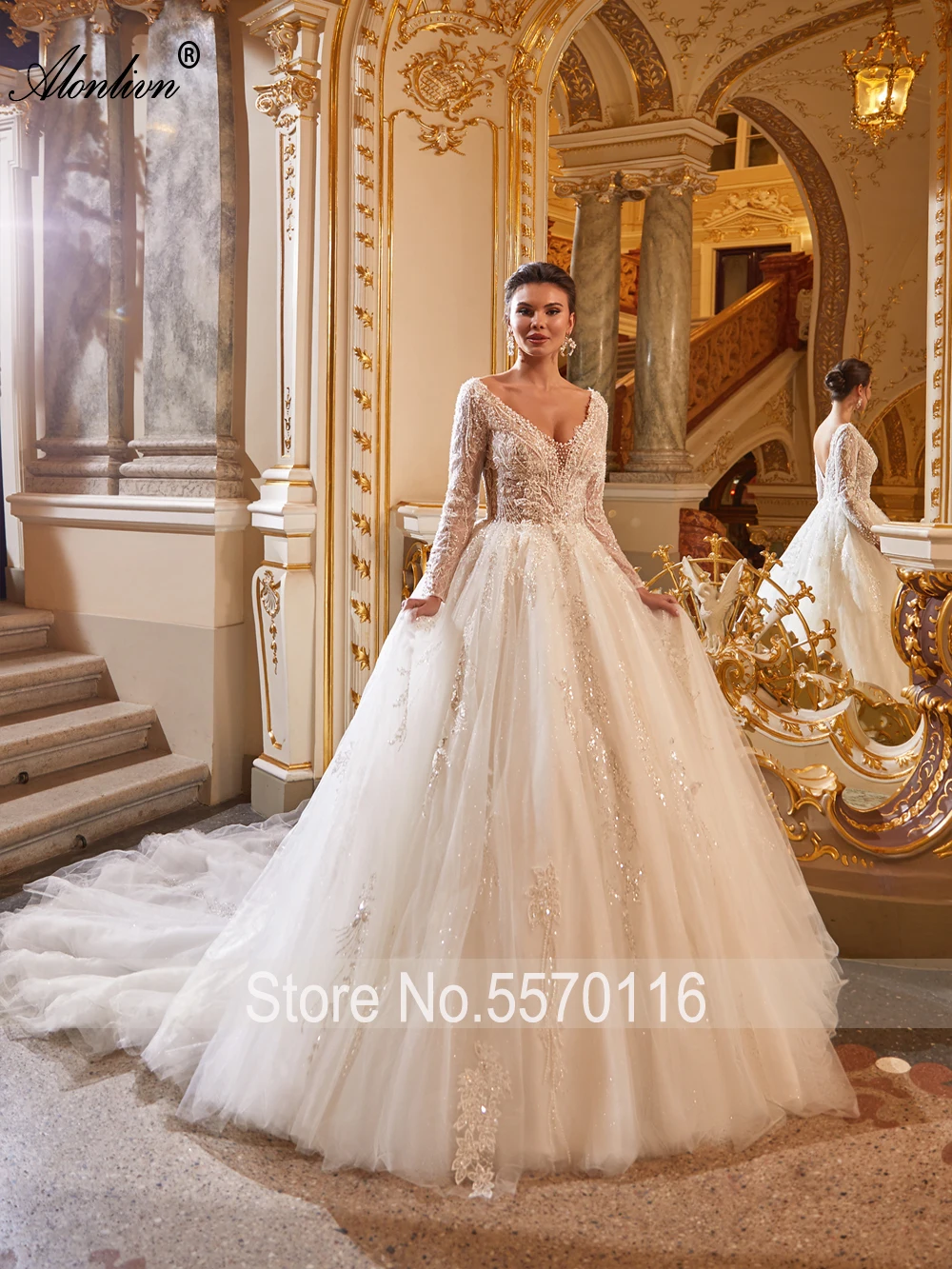 Alonlivn Charming Tulle V-neck A-Line Wedding Dresses Full Sleeves Bling Beading Pearls Appliques Lace Backless Bridal Gowns