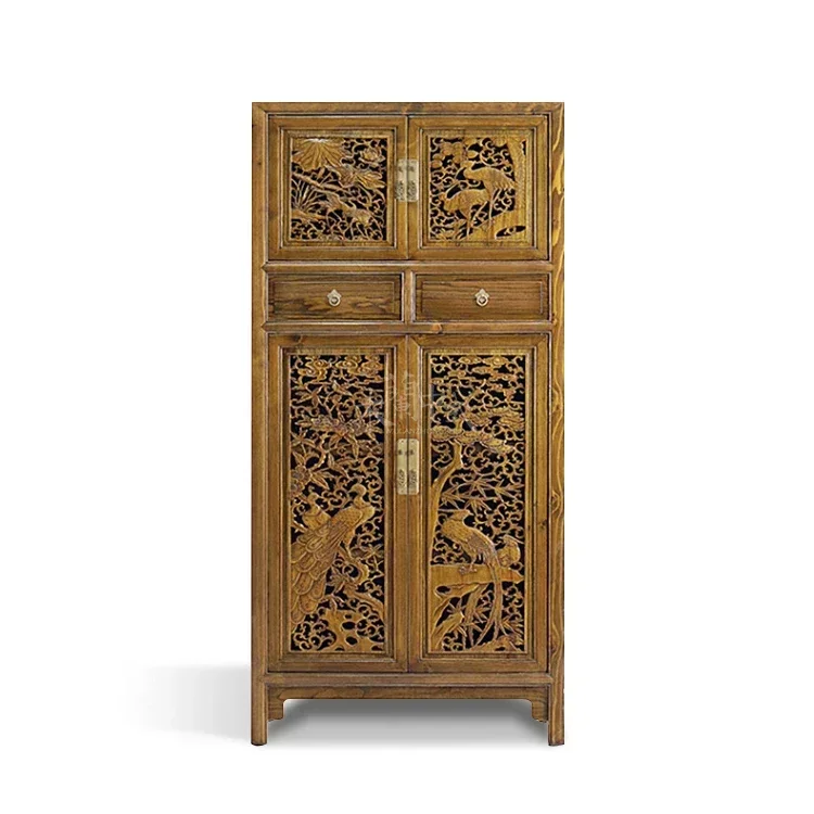 

N Solid wood bookcase Ming and Qing classical Zhangmu door carved hollow cabinet antique wardrobe bedroom closet