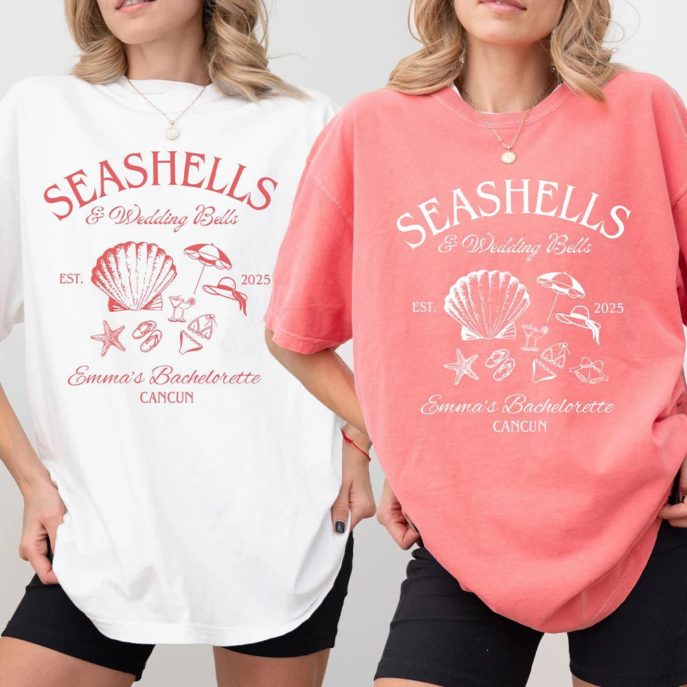 Strand Muscheln und Hochzeit Glocken Hemden Bachelorette Unisex Hemden Lustige Komfort Hemden Baumwolle Y2K Top Täglich Trendy Streetwear – Detail 10