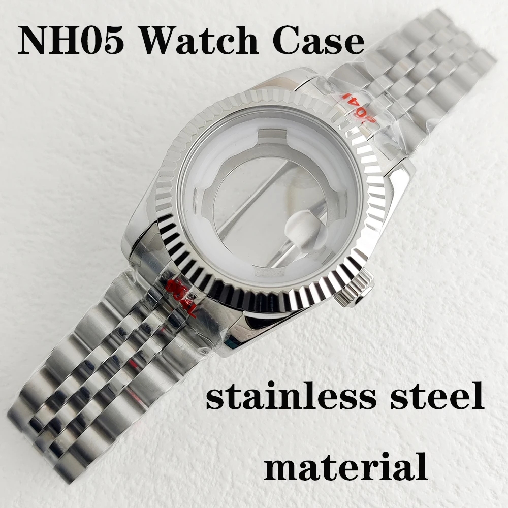 

31mm Silver Stainless Steel Watch Case With Strap Round Polished Fluted Bezel Sapphire Glass Magnified Fit ForNH05 NH06 Movement