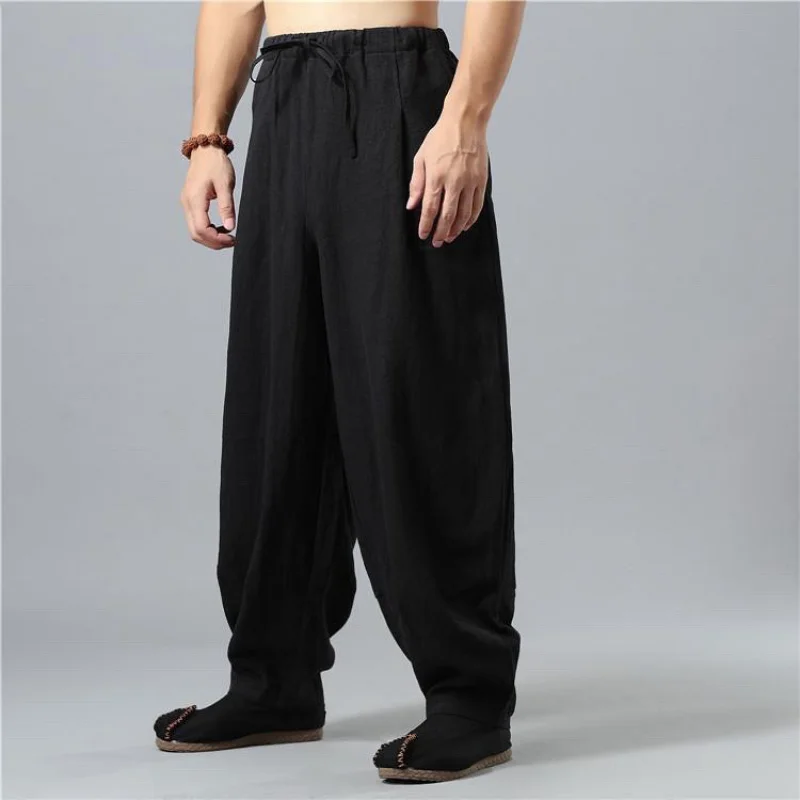 

Chinese Style Summer Pants for Men Breathable Cotton Linen Casual Pants Comfortable Loose Wide Leg Pants Linen Harem Pants