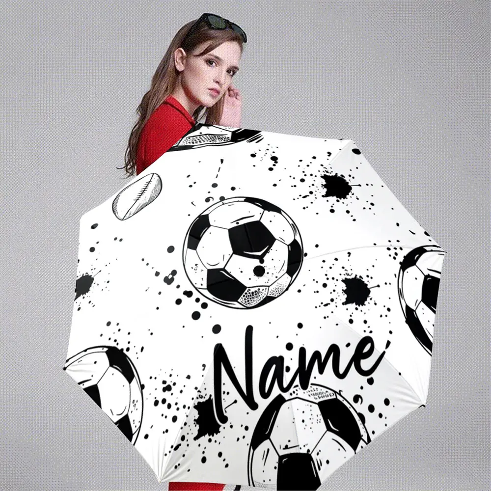 Custom Name Umbrella Soccer Ball and Football with Ink Splash 8 Iron Ribs Folding Umbrella Auto-Open Fashion Sunshade