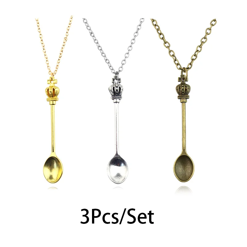3 Pçs/set Mini Coroas Colher Colar Vintage Mini Colher de Chá Pingente Colares Brinquedos Presentes 3 Cores
