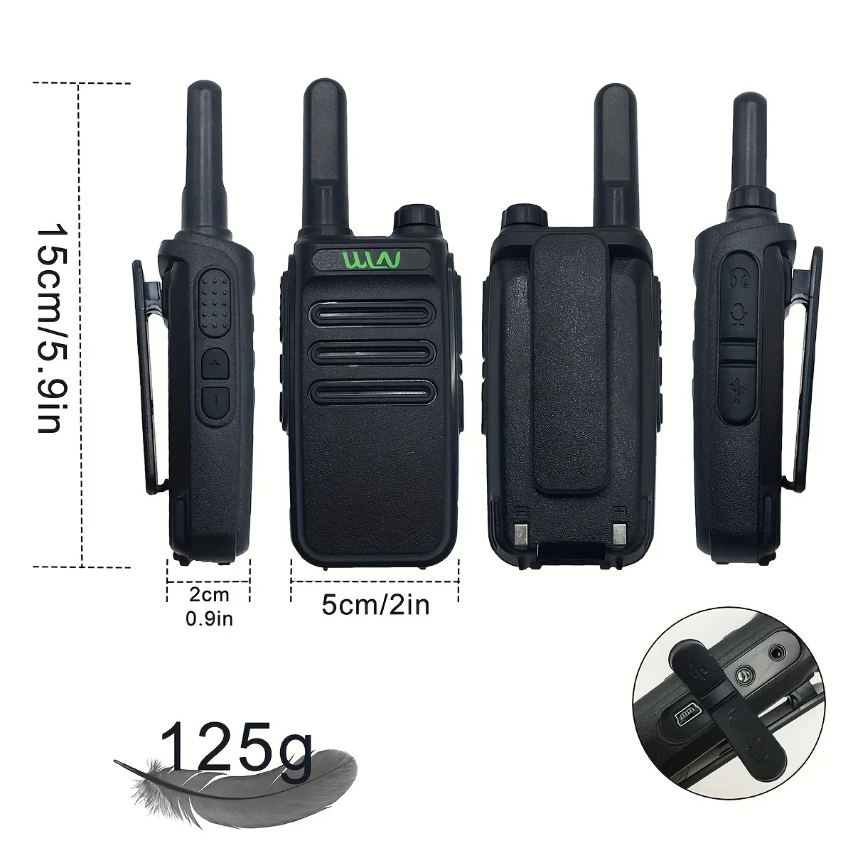 Mini Walkie Talkie KD-C30, Intercomunicador de carregamento USB, Material ABS, Comunicação de longa distância, 2W, Pequeno, 2Pcs