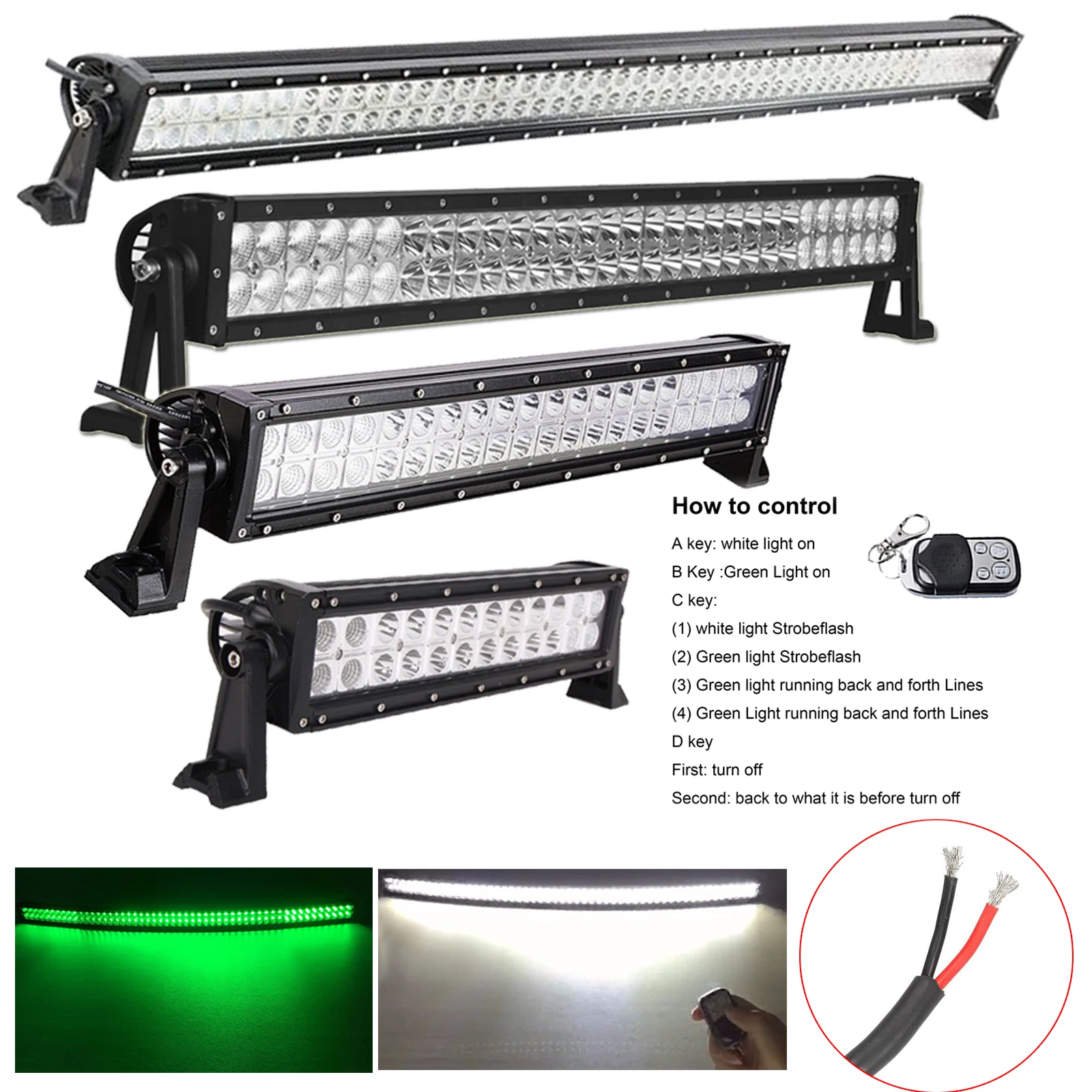 

7/14/22/32/42/50/52inch 600W Green/White Off Road Led Light Bar Combo Strobeflash Warning For Car Truck Driving Fishing Hunting