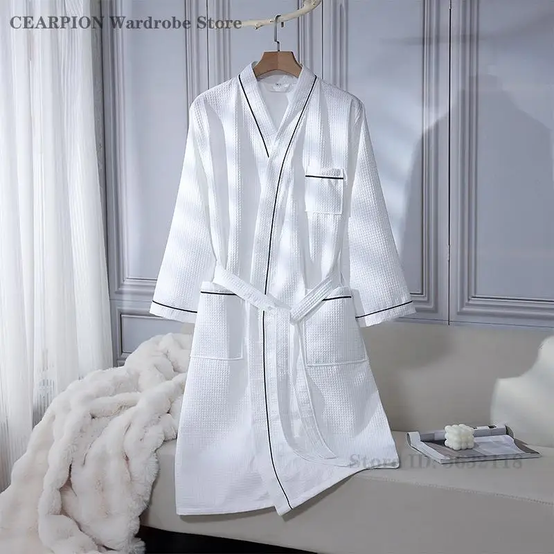 White Waffle Hotel Bathrobe with Pockets Spring Autumn New Robe Sleepwear Men Women Long Sleeve Absorbent Home Wear Loungewear
