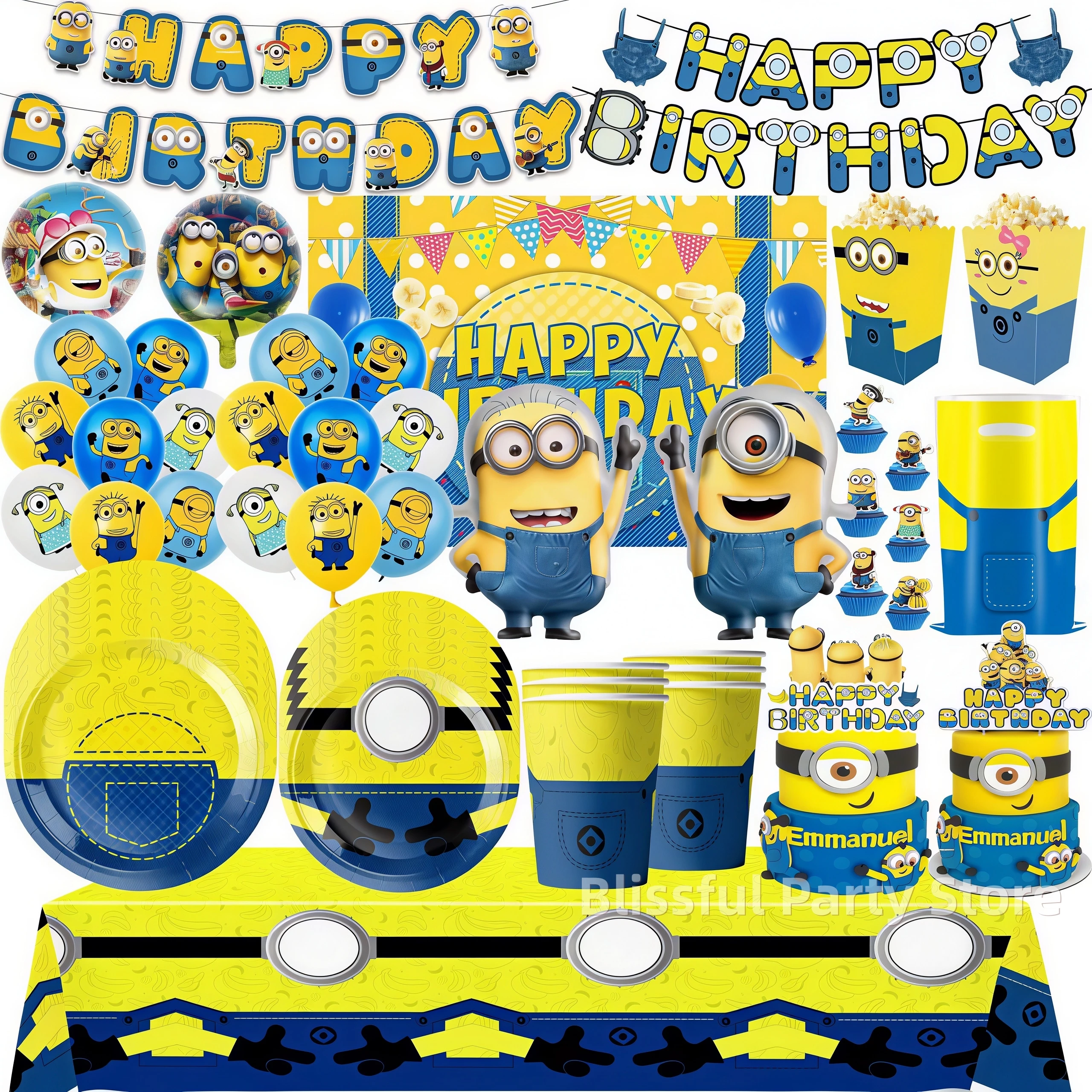 Cartoon M&Miniones Birthday Party Decoration Tableware Kit Cup Plate Yellow Big Eyes Balloon Kid Favor Gift Baby Shower Supplies