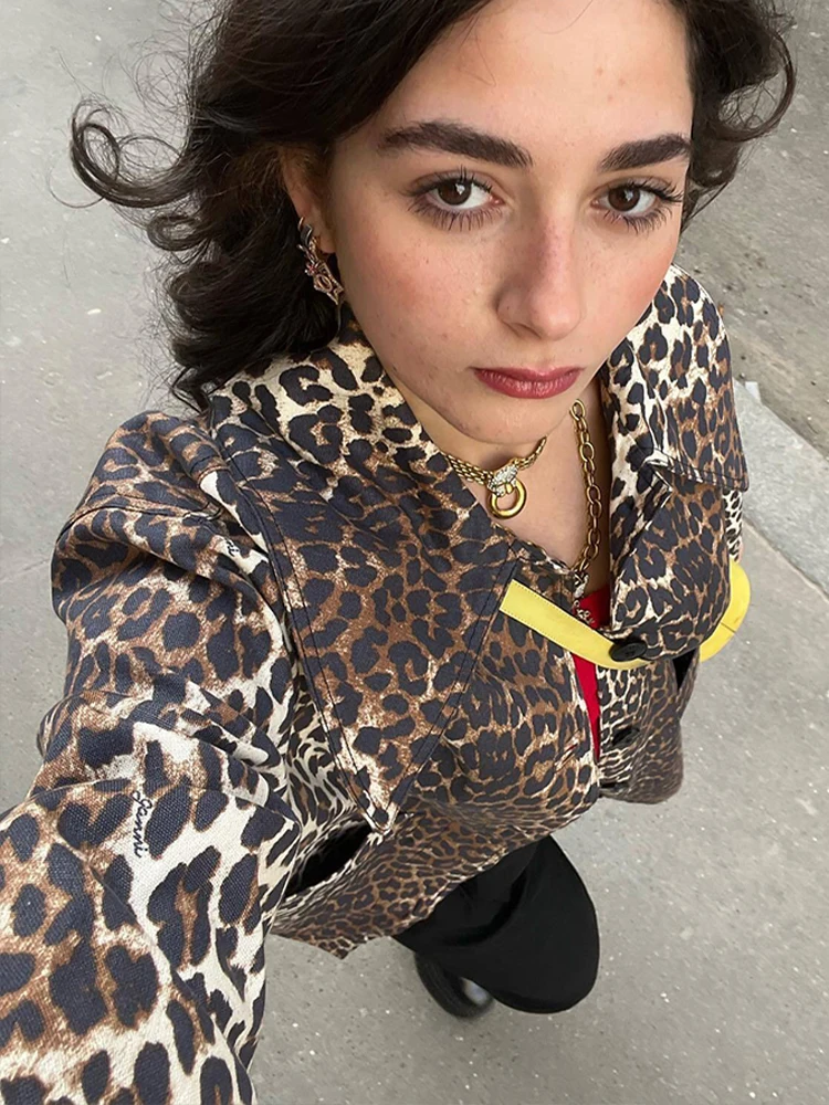 HH Vintage Casual Women Jackets Leopard Print Zippers Turn-down Collar Short Coats New Fashion 2024 Spring Holiday Jackets