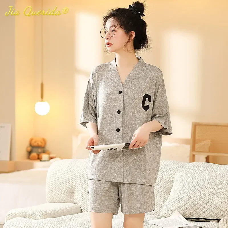 SUKAE Kimono Style Womens Pajamas Set Cool Modal M-5XL Nightwear Leisure Cartoon Sleepwear Girls Big Size Summer V-neck Homewear