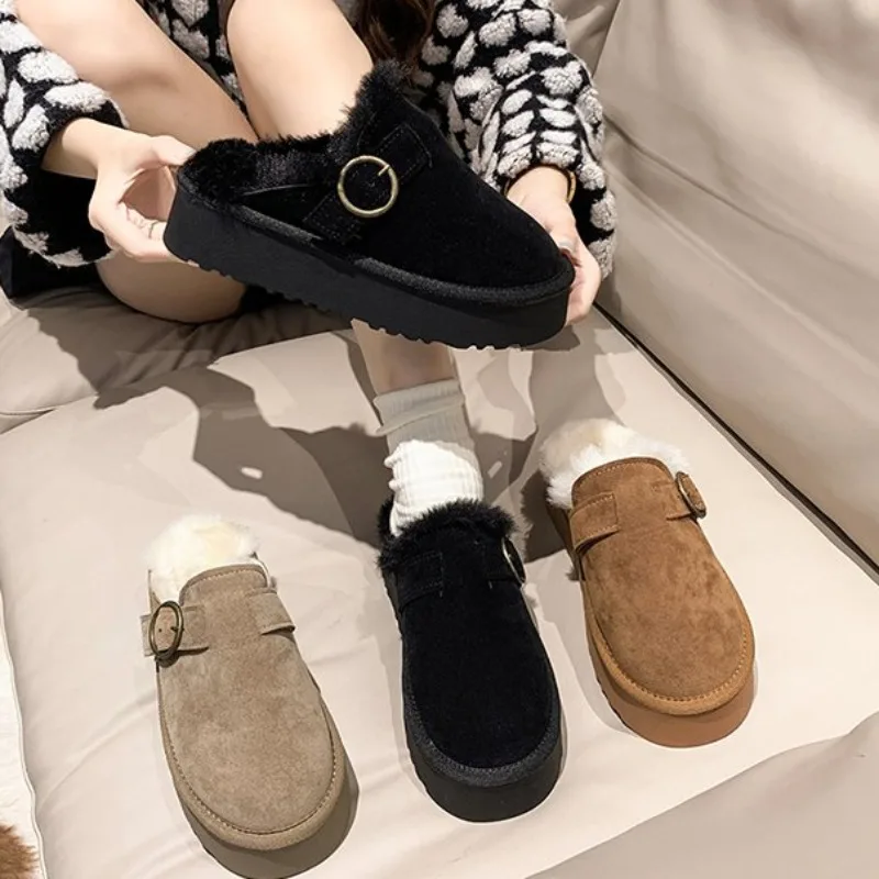 Shoes Female 2024 Hot Sale Closed Toe Women\'s Slippers Winter Warm Slippers Women Platform Round Toe Buckle Flat Ladies Shoes