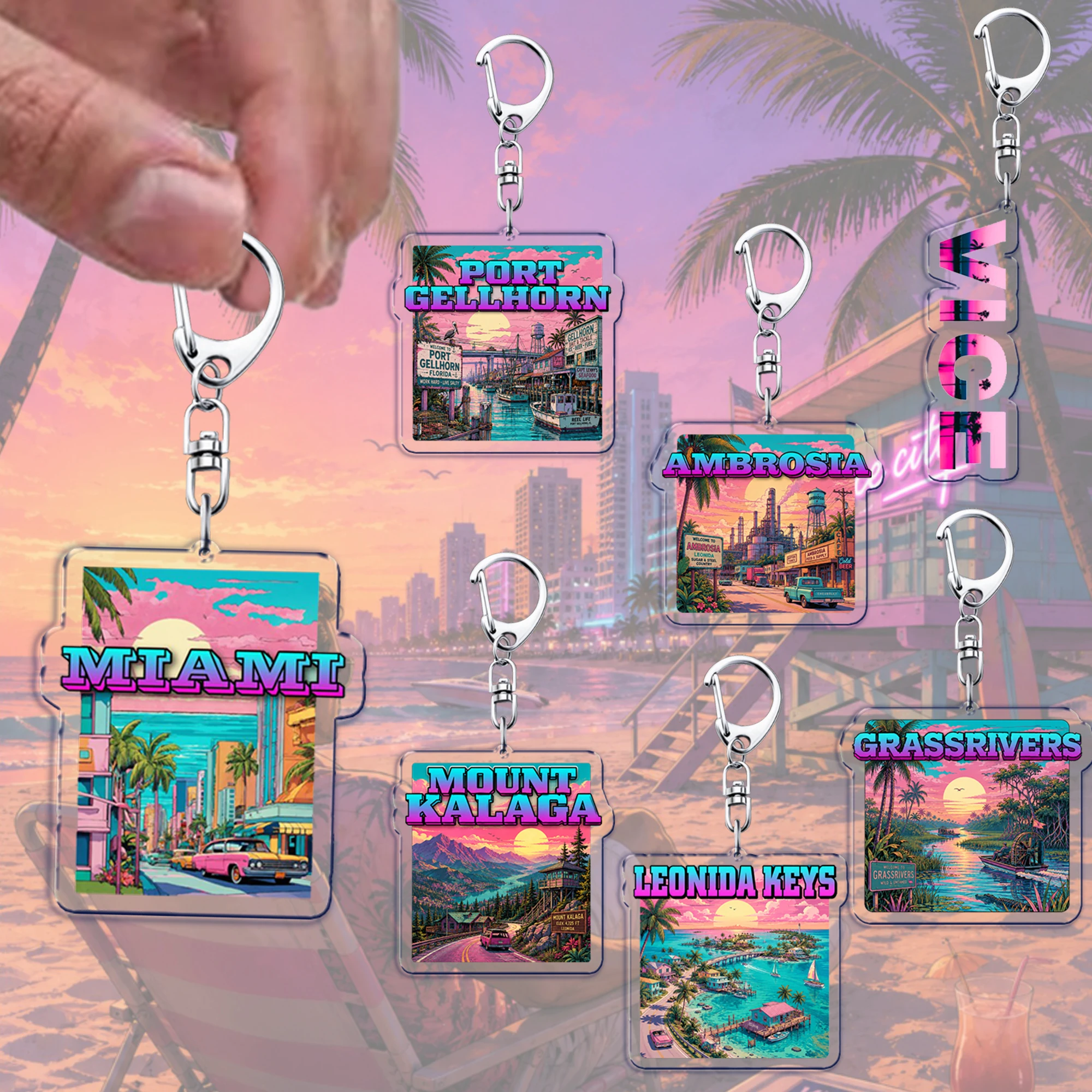 Chaveiro de Videogame Vice Gamer Miami Ambrosia Leonida, Pingente para Bolsa e Mochila, Presente para Fãs e Amigos
