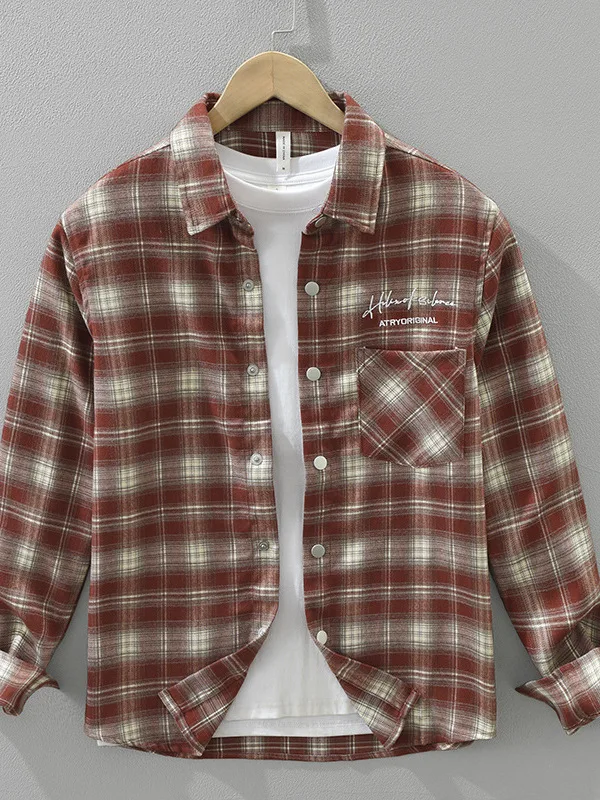 

Color-Knitted Long-Sve Men's irt Casual Embroidery Floing Plaid Trendy Autumn Outerwear Elastic Letter Pattern