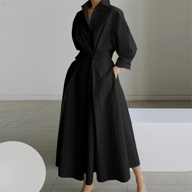 

S-5XL Fashion Long Sleeve Shirt Dress Chic Turndown Neck Ruched Maxi Dress Women 2022 Autumn Winter Clothes Streetwear