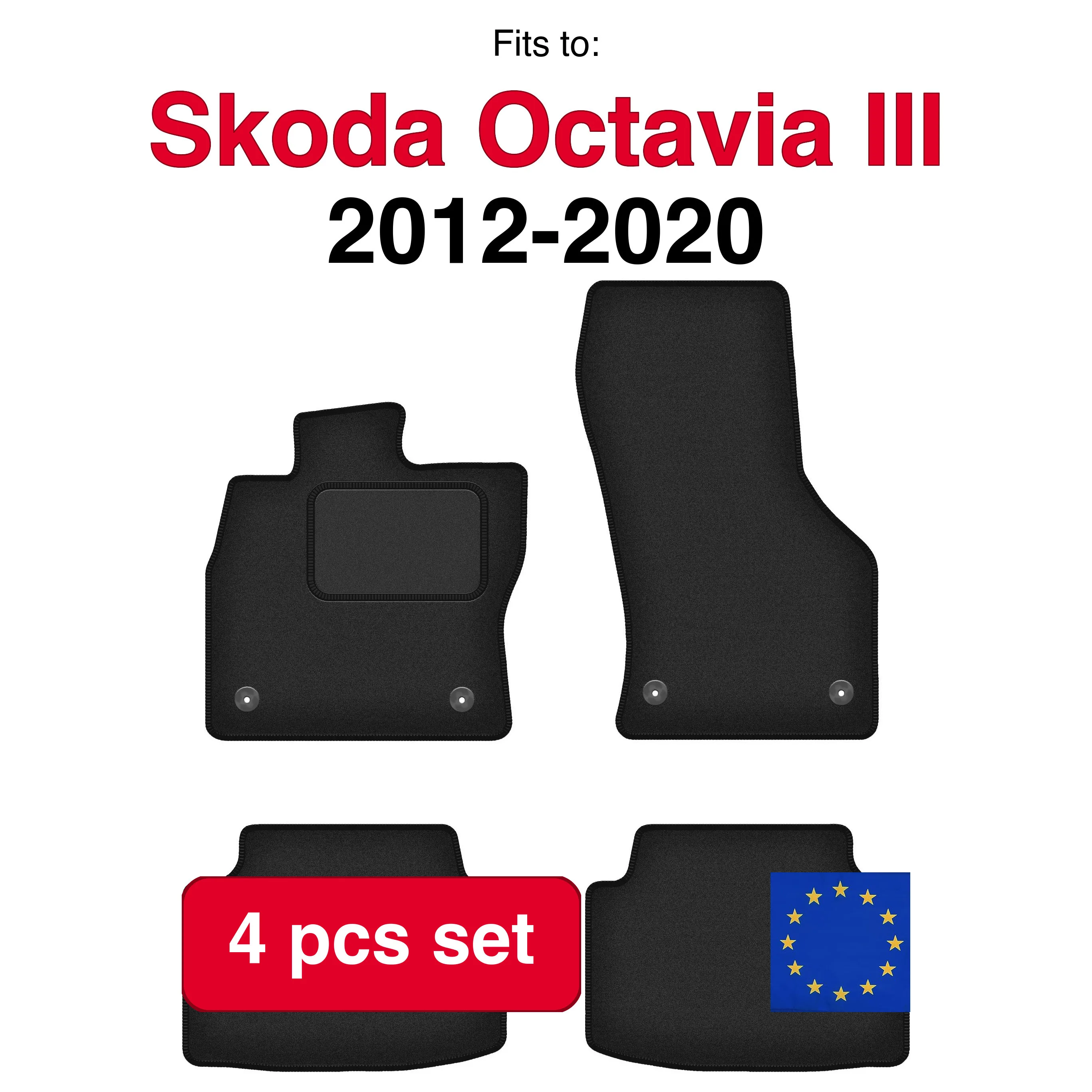 Velours automatten voor Skoda Octavia III liftback sedan, variant stationwagen (2012-2020) - Zwart (4 stuks) in de auto passende automattenset