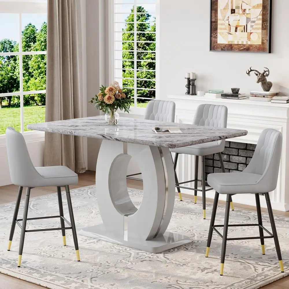 

Обеденный набор с мраморной столешницей (63 предмета) или стол-стойка (48 предметов) с серыми кожаными барными стульями, подходит для столовой, паба и кухни