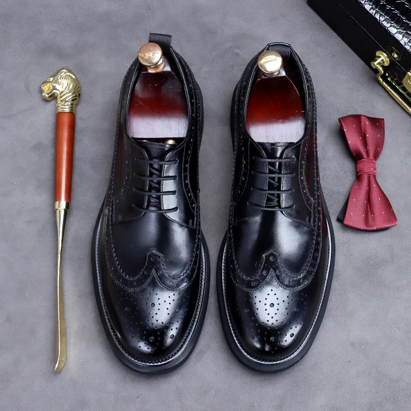 Men Casual Leather Shoes Fashion Classic Brogues Luxury Genuine Cow Leather Handmade Thick Heels Black Wedding Formal Shoes Male