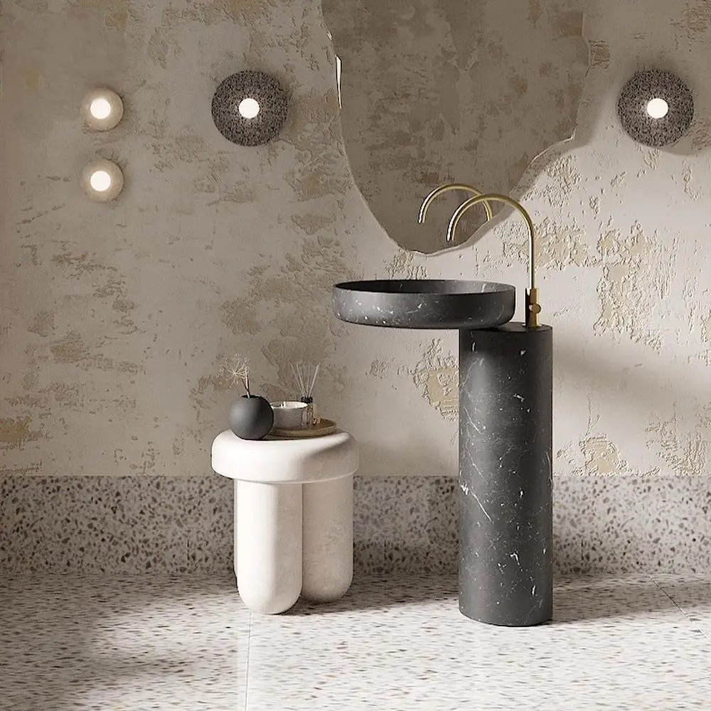 

Handcarved Vintage Marble Pedestal Sink: Antique Freestanding Basin for Luxury Villa Balconies & Boutique Resorts -Weatherproof