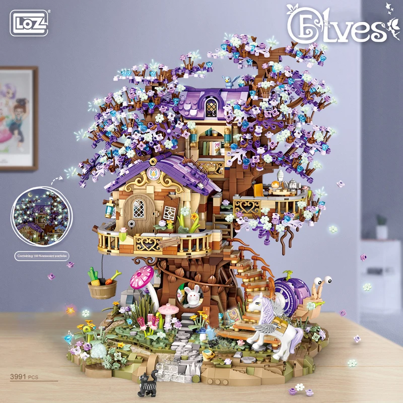Creative LOZ Mini EIf Tree House Luminous Brick Building Blocks DIY City Street View Cherry Blossom Model Toys Decoration Gift