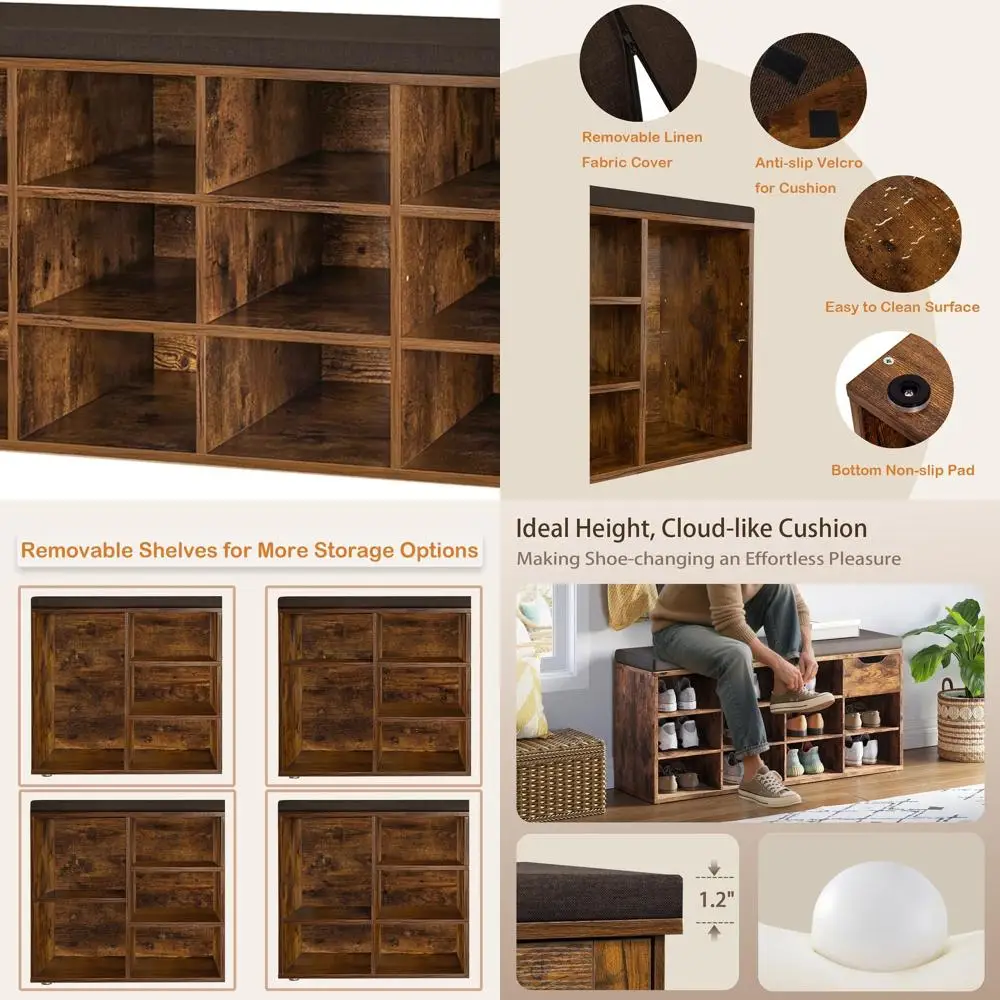 Bangku Penyimpanan Sepatu Multi-Fungsi 12-Laci dengan Bantal, Cokelat Rustik, Organizer yang Dapat Disesuaikan untuk Ruang Masuk, Ruang Peralatan, dan Lainnya