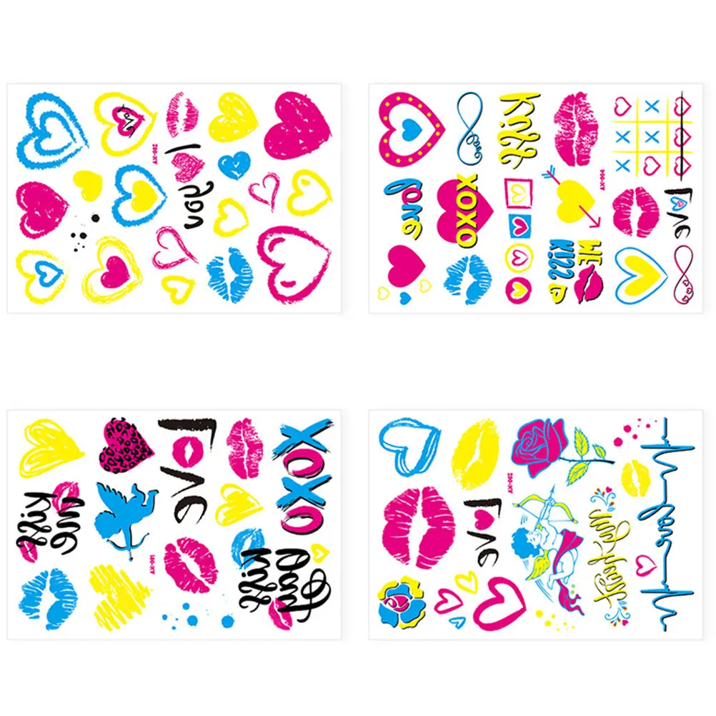 

4 листа светящихся в темноте флуоресцентных временных татуировок для кожи, наклейки для женщин и девушек, для вечеринок и повседневного декора, для выражения мыслей