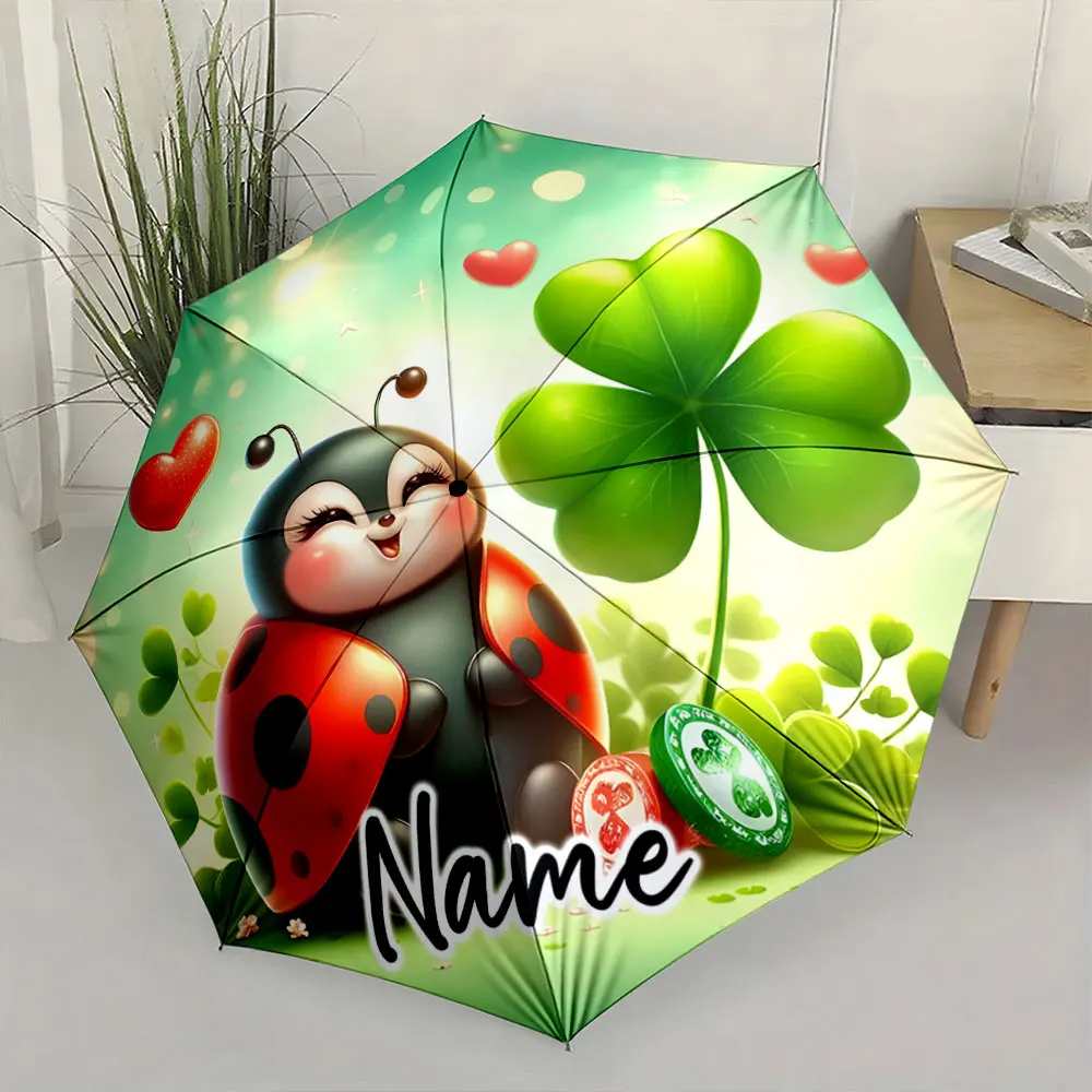 Custom Name  Adorable ladybug and clover-themed umbrella design Print 8 Iron Ribs Folding Umbrella Auto-Open Fashion Sunshade