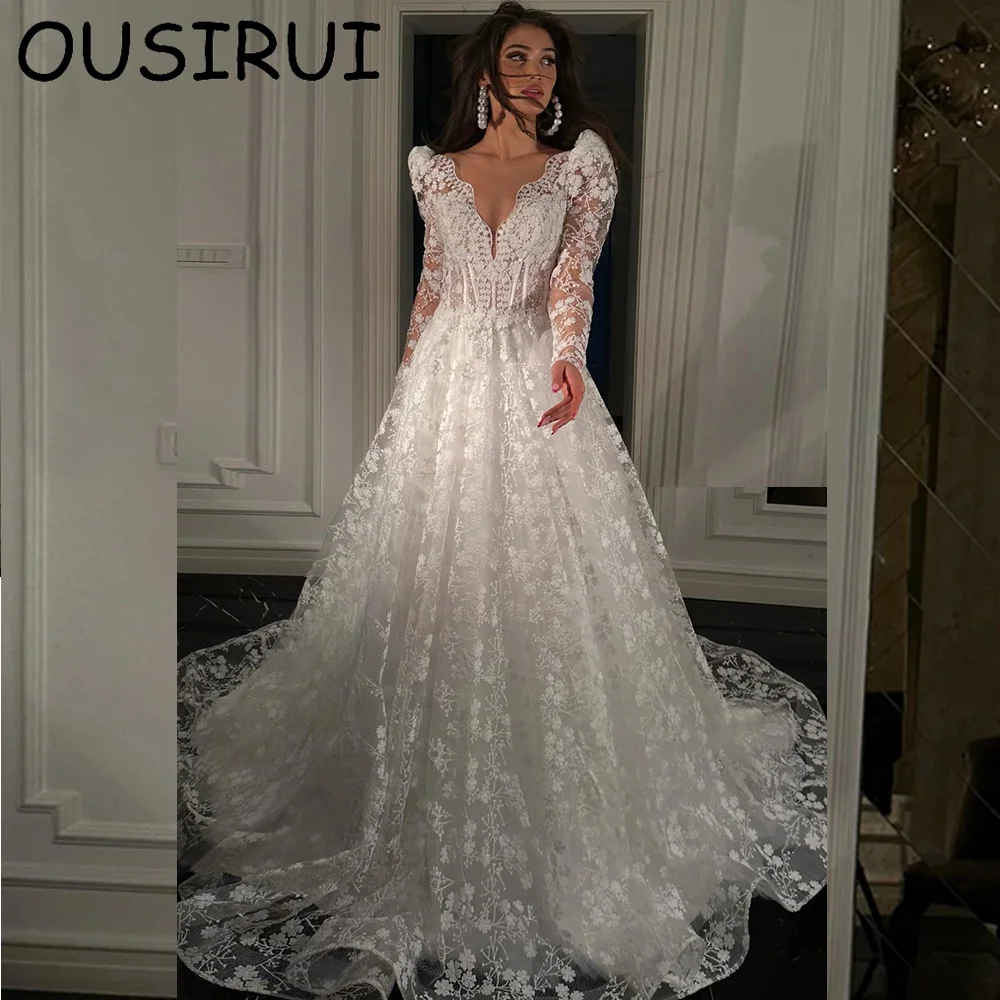 

OUSIRUI Sheer Neck Appliques Lace Wedding Dress A-line Court Button Wedding Gown with Long Illusion Sleeves Vestido de novia