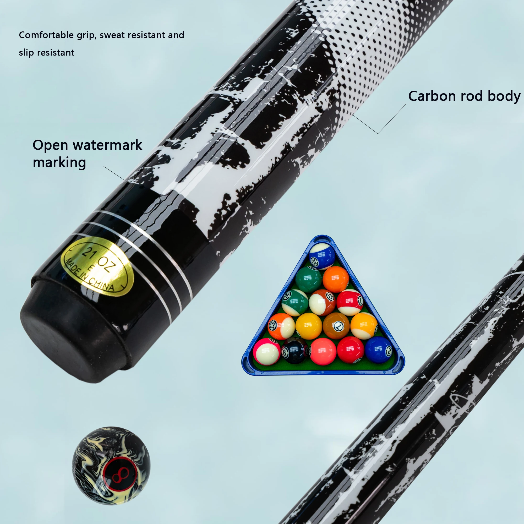 Carbon Pool Cue Stick  Black Shaft for 9-Ball and Carom Unique Pattern Design 13mm Tip