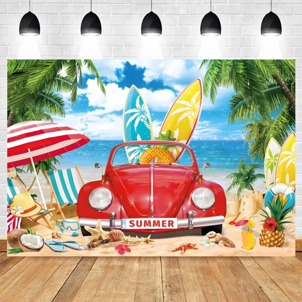 Holiday Party Backdrop decorate Summer Tropical Beach Hawaiian Seaside Flamingo Ocean Surfboard Birthday Photography Background