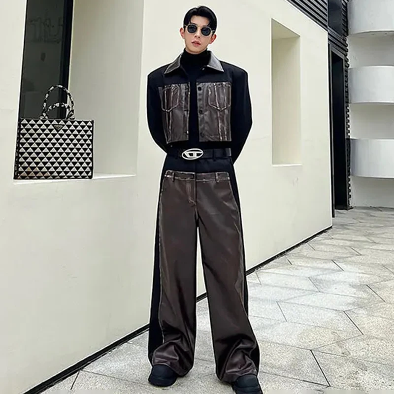 LUZHEN Men Patchwork Spring Lapel Suits Vintage Leather Short Jacket Wide Leg Pants Two Piece Set Color Contrast Design LZ7300