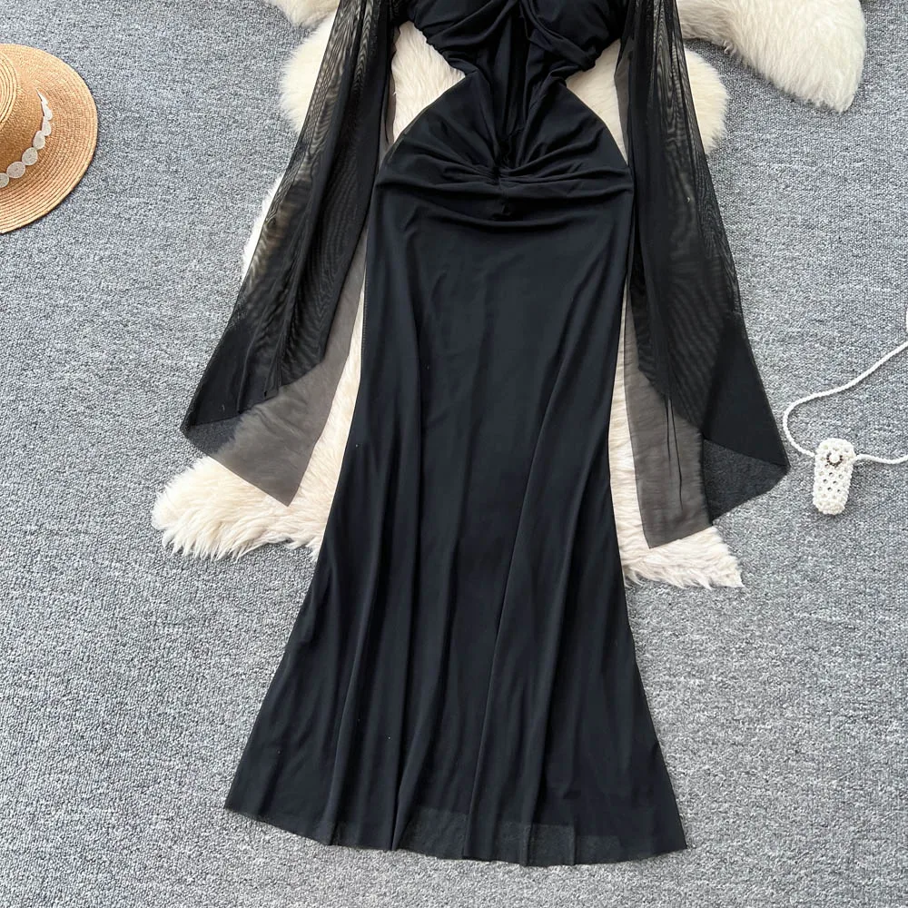 Abito da festa lungo elegante autunnale per donna Manica svasata Punto a rete Abiti da sera aderenti Nuovo in Traf formale femminile Novità