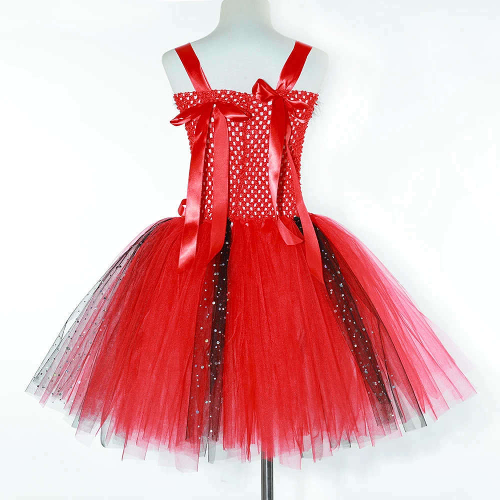 Devil Costume for Girls Halloween Red Demon Tutu Dress Glitter Toddler Kids Carnival Party Dress Up Clothes Wings Horns Outfit view 5