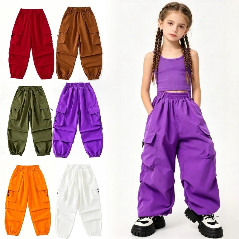 Teen Girls Cargo Jogger Pants Kids Hip Hop Streetwear Trousers For Jazz Dance Stage Show Runway Performance Casual Sports Outfit