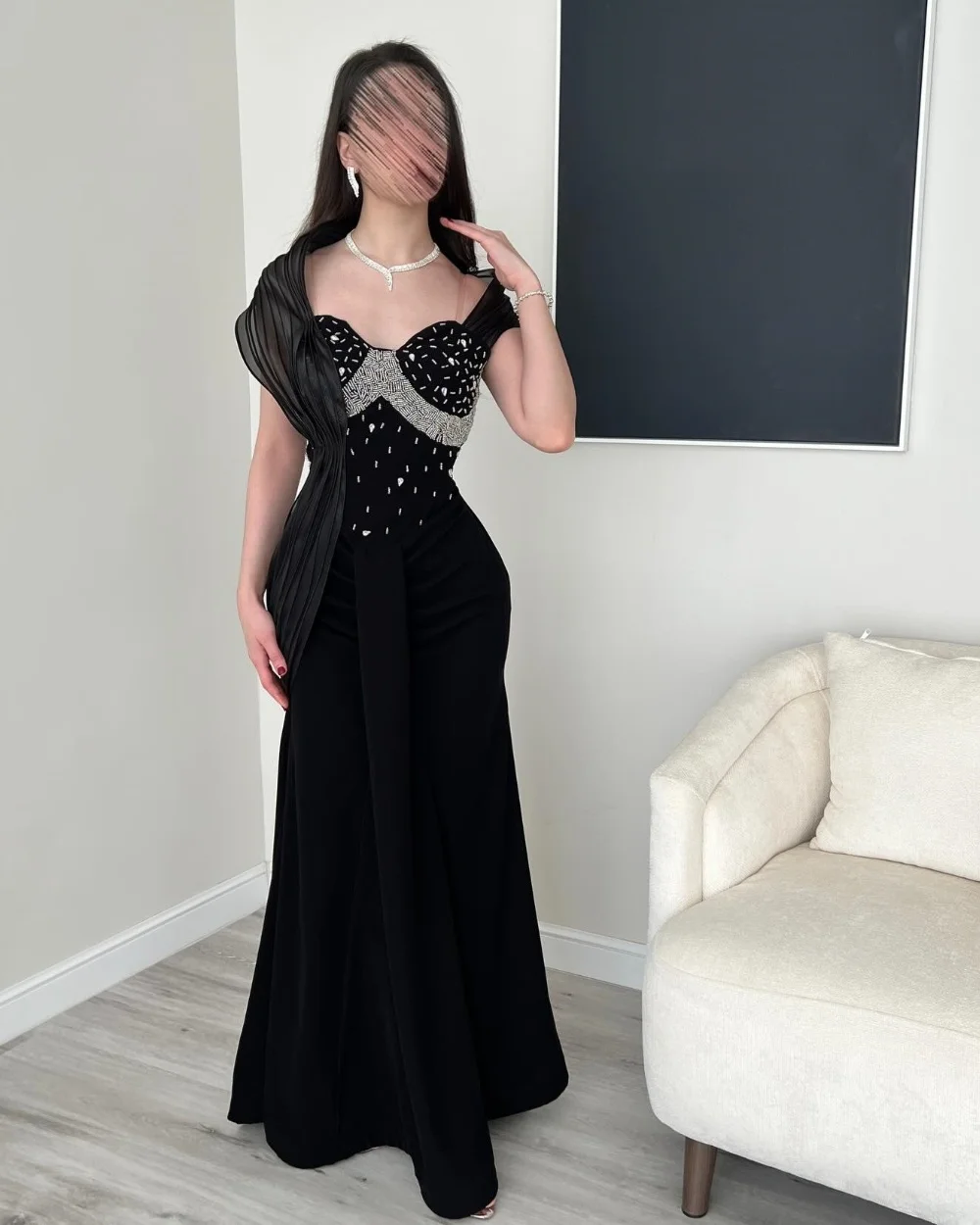 

Customized Modern Style Matching Jersey Pleat Ruched Beading Rhinestone Mermaid Off-the-shoulder Long Dresses Evening Dresses
