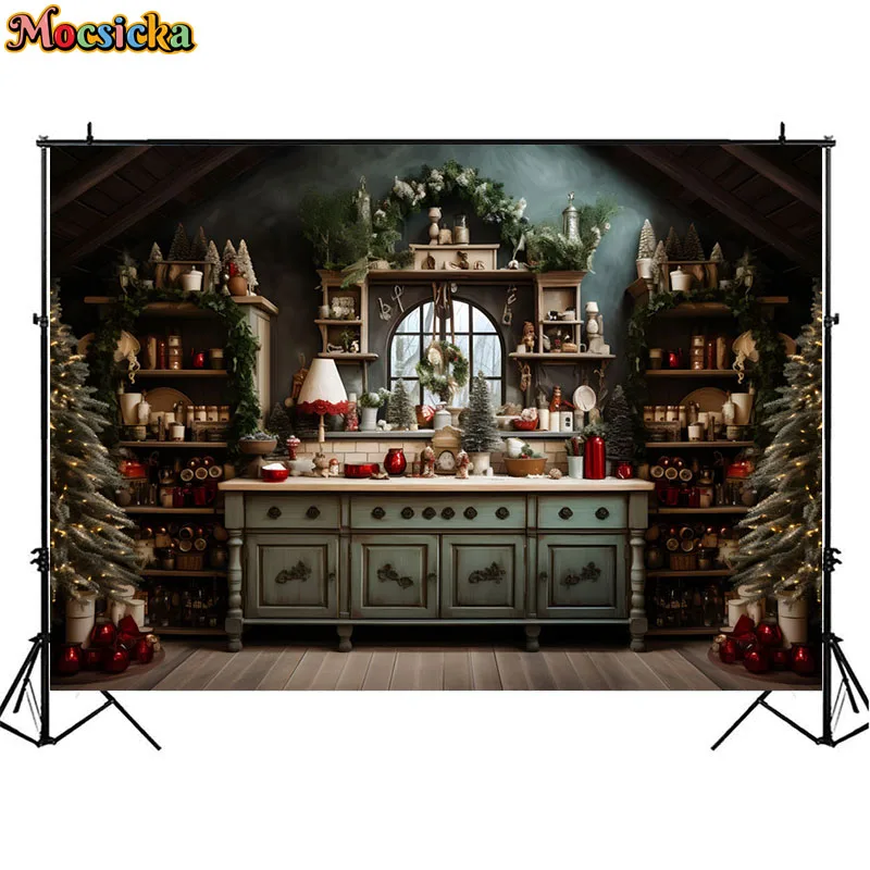 Christmas Modern Kitchen Photography Backdrops Winter Indoor Cooking Kids Portrait Cake Smash Background Xmas Tableware Props