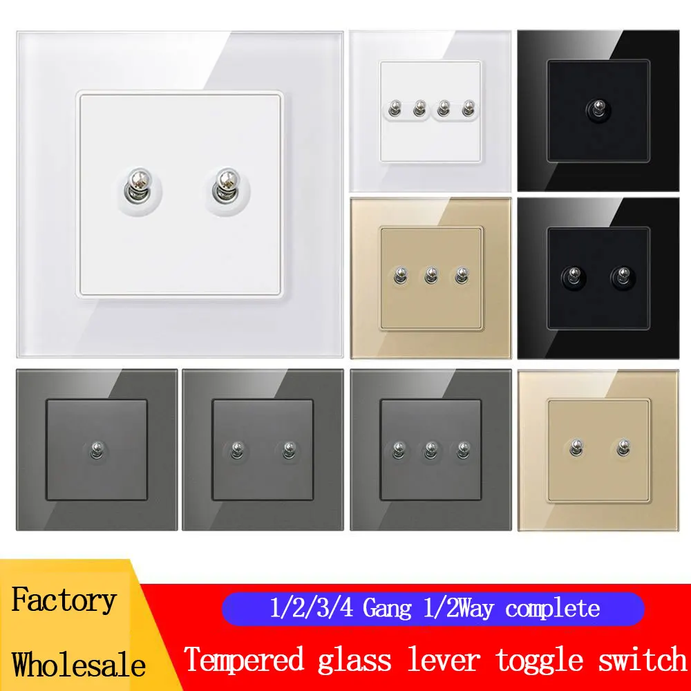Tempered Glass Panel, 86-Type Household Wall-Recessed, 1/2/3/4 Gang 1/2 Way Dual-Control Lever, Toggle Retro Light switch
