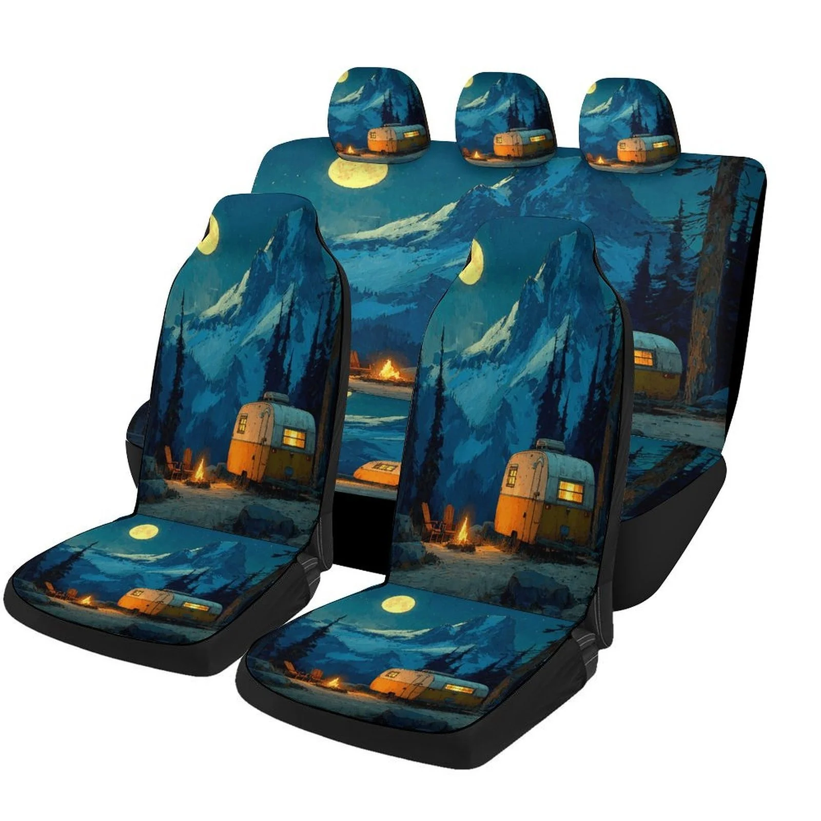 Moonlit Camping Themed Car Seat Cover Set - Trendy High-Quality Polyester Full Set For 2 Front & Rear Seats, Universal Fit For M