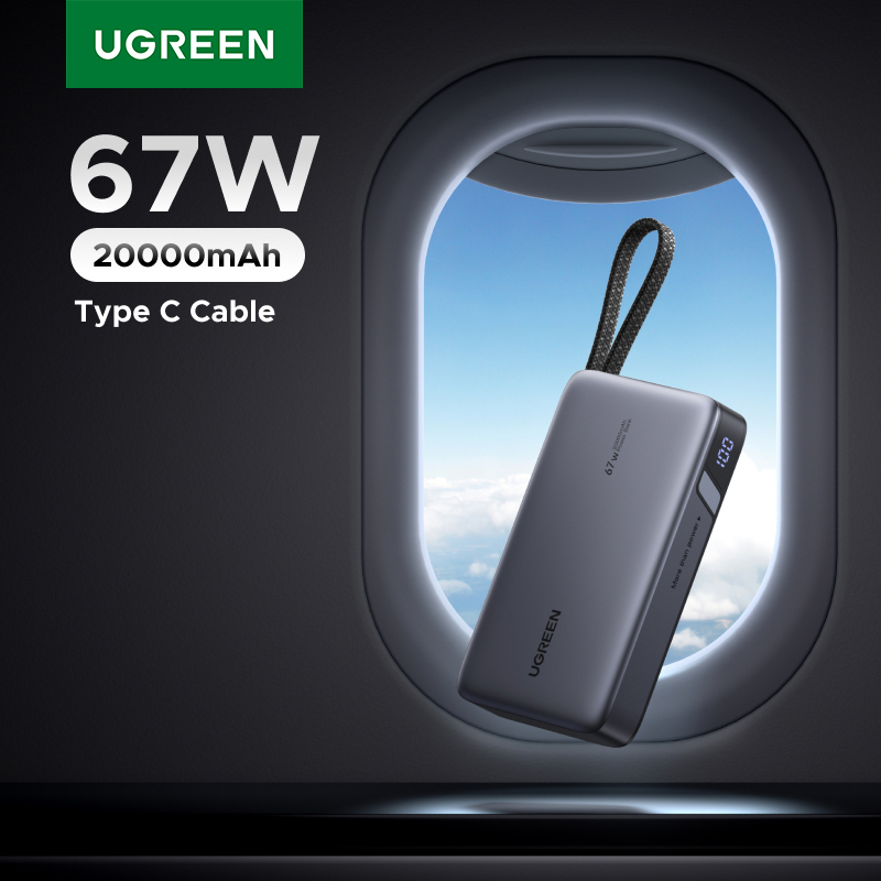 UGREEN 67W 20000mAh Power Bank Built-in Type-C Cable, PD3.0 65W Laptop Charger, Compatible for Xiaomi 67W External Battery