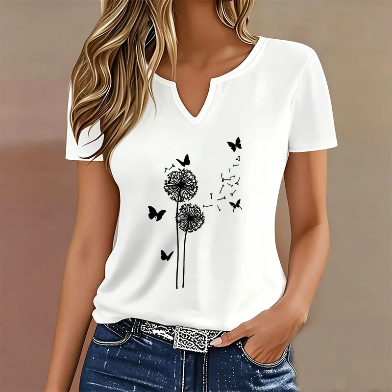 Fashion Dandelion with Butterfly T-shirt V Neck Casual Y2k T Shirts Women Short Sleeve Tee Shirt V-Neck Summer Spring