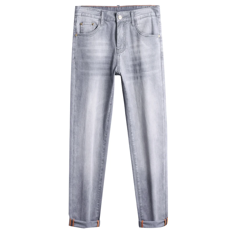 MEN'S jeans 2024 Summer thin fashion light luxury hot stamping elastic slim fit small feet casual light gray pants