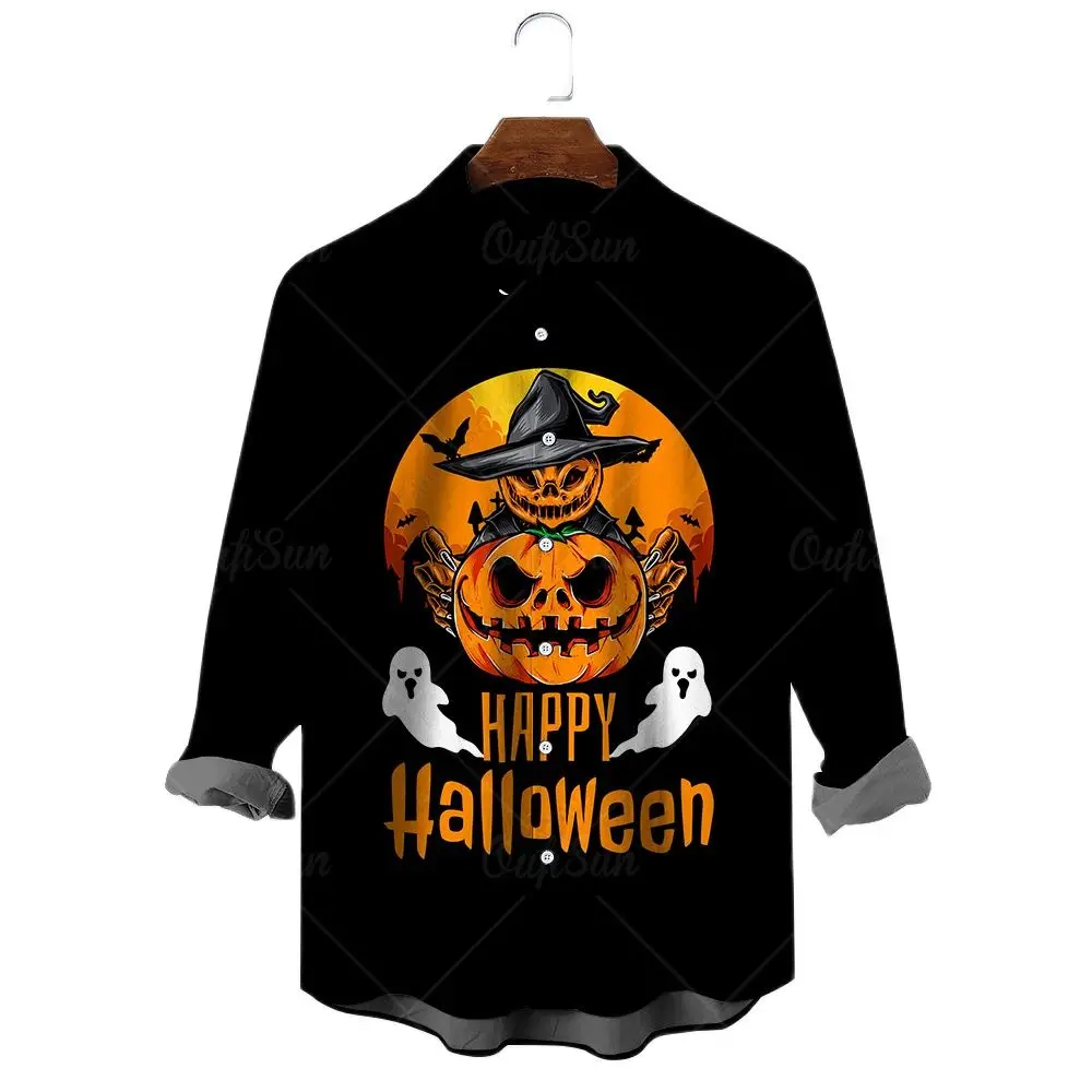 Outono preto camisas para homens halloween abóbora lanterna impresso manga comprida t camisa tendência da moda lapela camisa unisex lazer topos