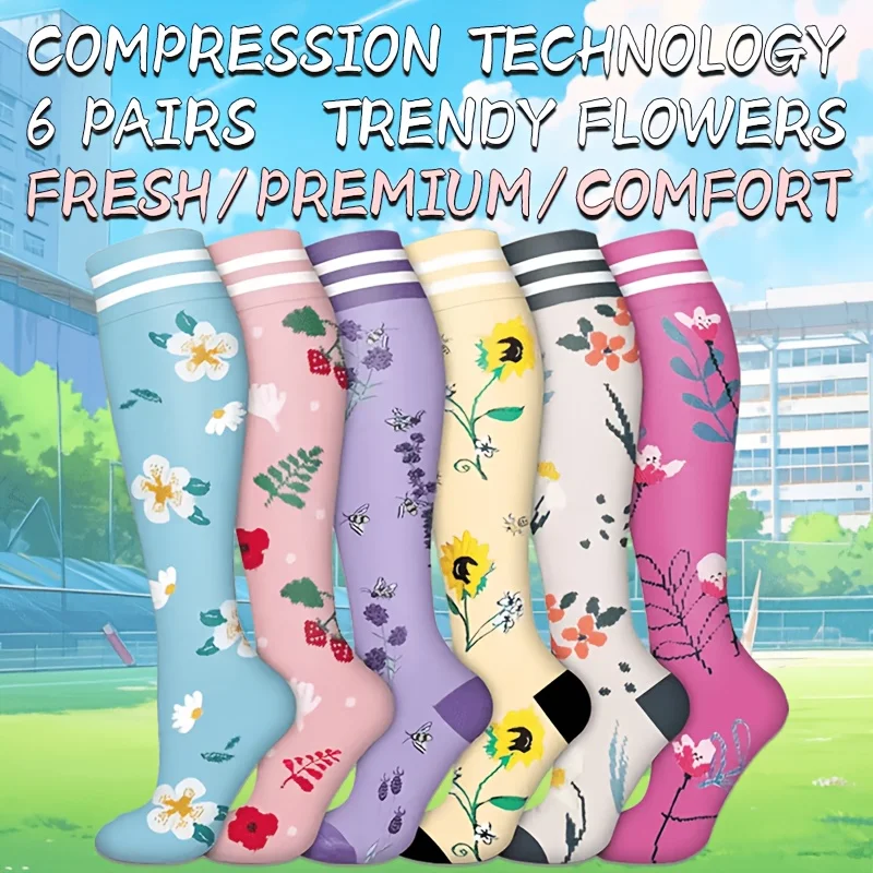 

6 Pairs Unisex Compression Socks, Floral Pattern Breathable Calf Sleeves for Running, Cycling and Marathon. All-season Sports Socks with Soft and Elastic Fabric