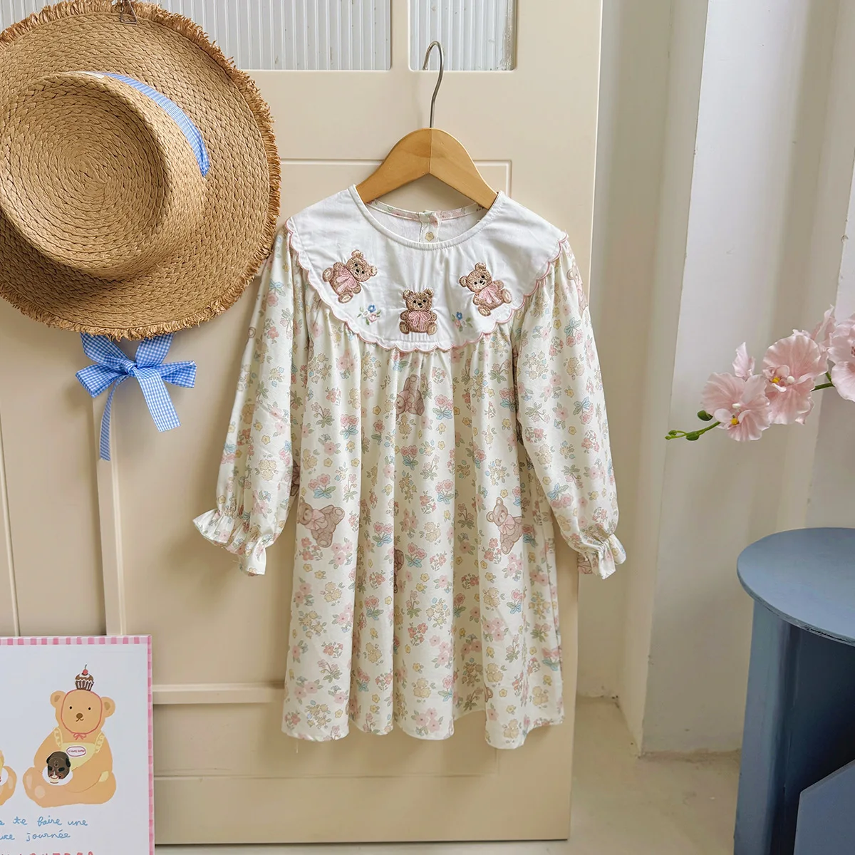 

Girls Casual Dresses Korean Style Bear Embroidery Girls Dress 2025 Autumn Round Neck Cartoon Print Long Sleeve Dress for Toddler
