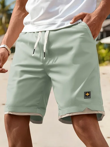 Pantalones cortos casuales de verano para hombre con bolsillos: negro, cintura elástica, cordón, poliéster, diseño de dos capas, ligero y transpirable