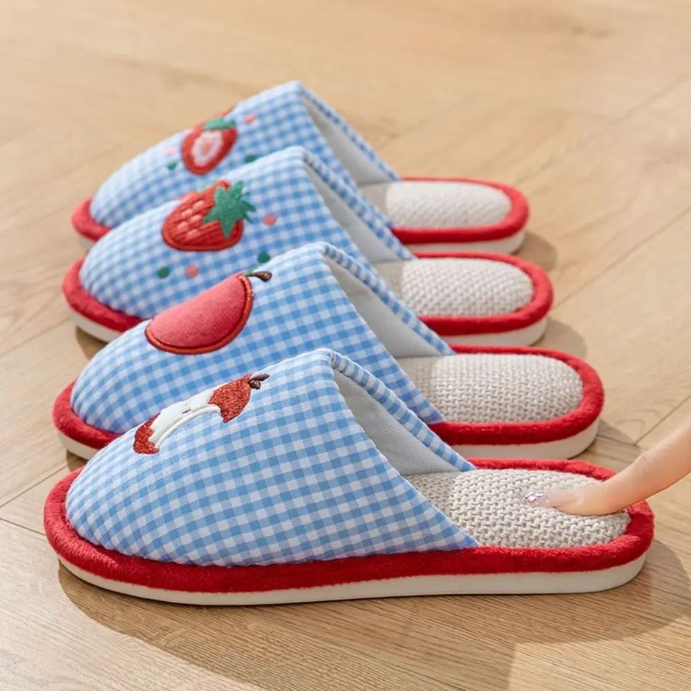 

Kawaii клубничные домашние льняные тапочки в сетку, противоскользящие домашние тапочки в полоску, льняная мягкая подошва, домашняя одежда, обувь для девочек