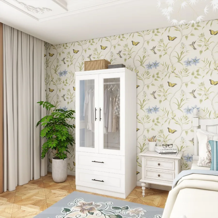 ガラス扉2枚付きワードローブクローゼット、高さ71インチ、寝室用ワードローブクローゼット、引き出し2つ付き、キャビネット収納ワードローブ