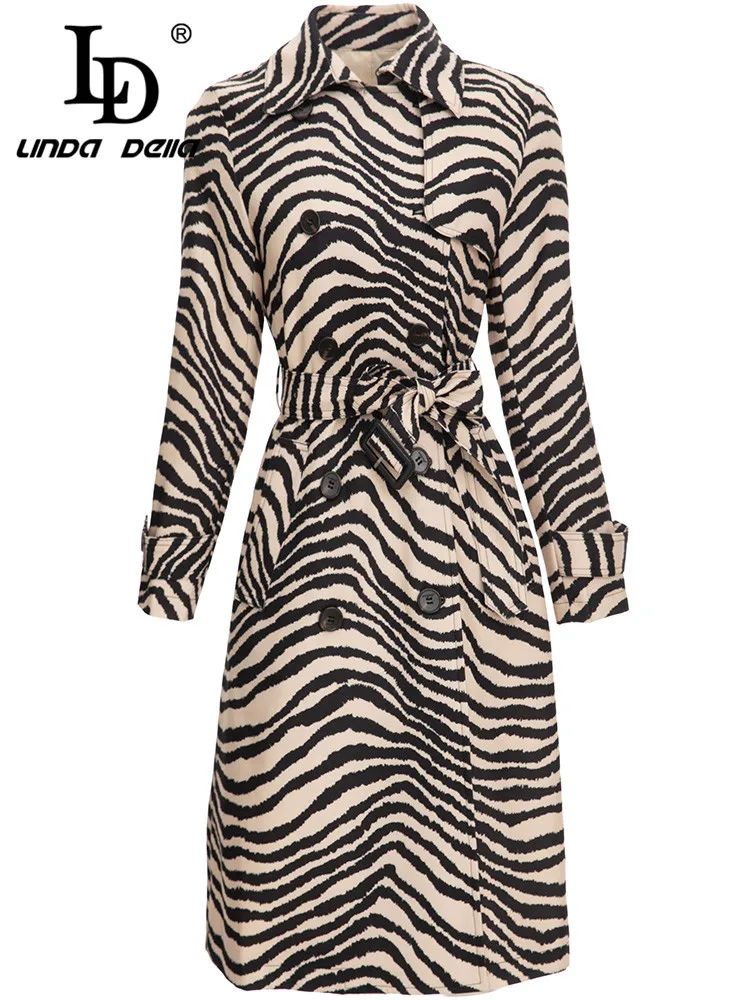 

LD LINDA DELLA 2022 Autumn Winter Fashion Trench Coat Women's Turn-down Collar Belted Stripe print Vintage Overcoat Outwear