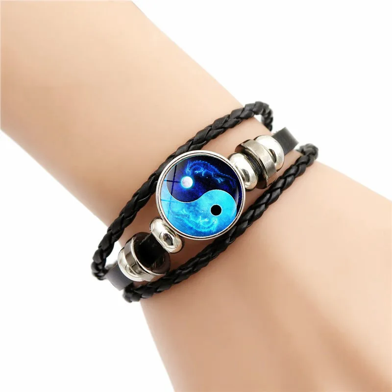 Fashion Yin Yang Tai Chi Bracelet Leather Bracelets Diy Time Gem Chinese Loong Fish Wolf Starlit Sky Pattern Mens Gifts Ideas