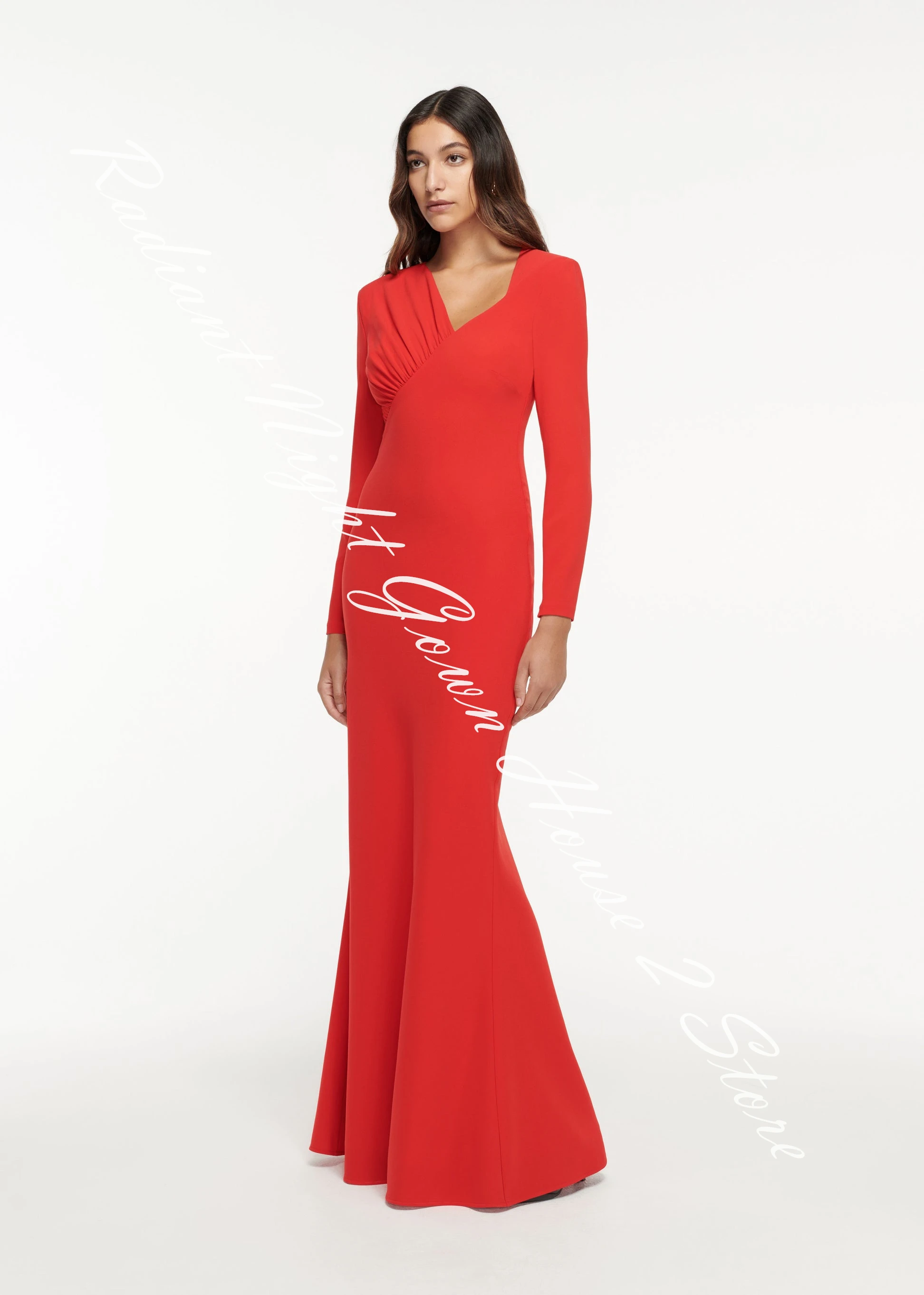 Temperament Jersey Mermaid Evening Dress V-Neck Long Sleeves Floor Length Sweep Train Zipper Back فساتين سهره نسائيه فخمة